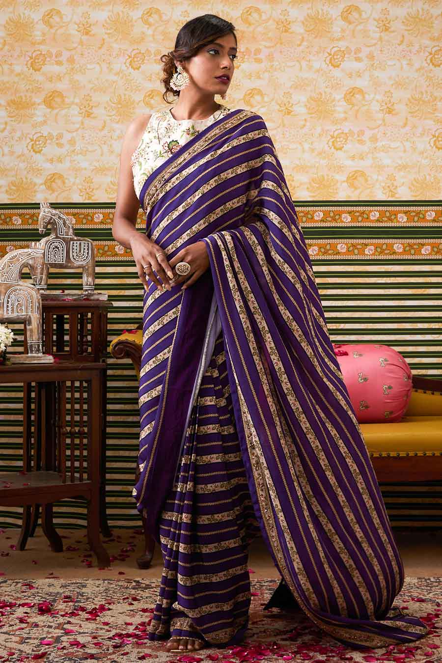 Purple & Beige Mehr Embroidered Pre-Draped Saree Set