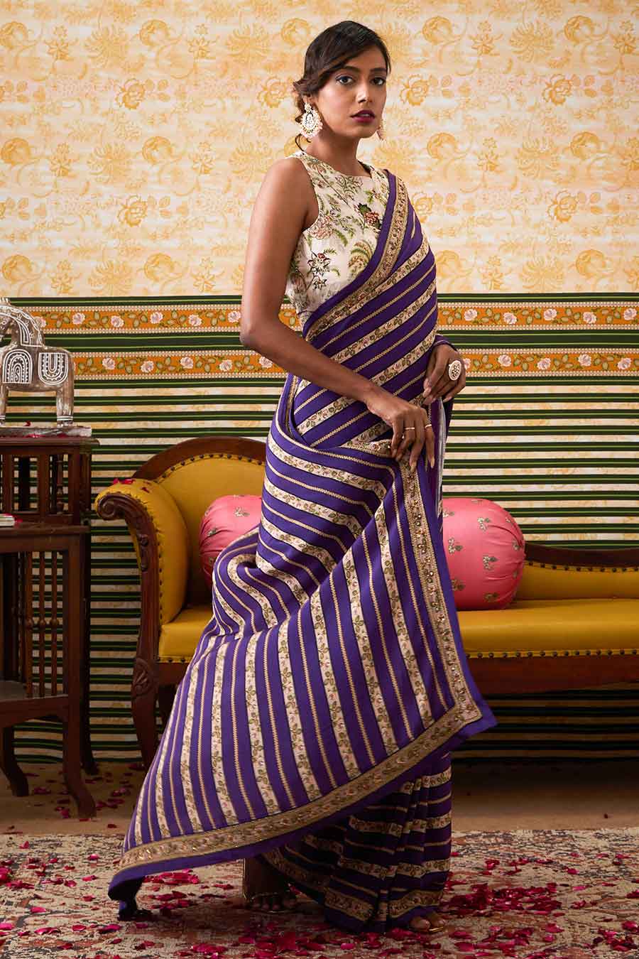 Purple & Beige Mehr Embroidered Pre-Draped Saree Set