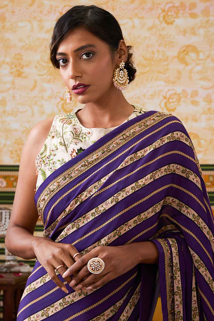 Purple & Beige Mehr Embroidered Pre-Draped Saree Set