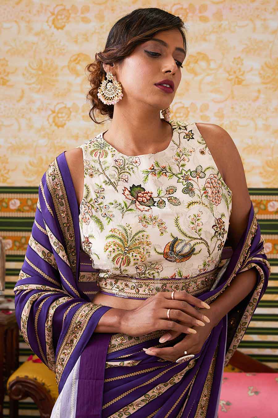 Purple & Beige Mehr Embroidered Pre-Draped Saree Set