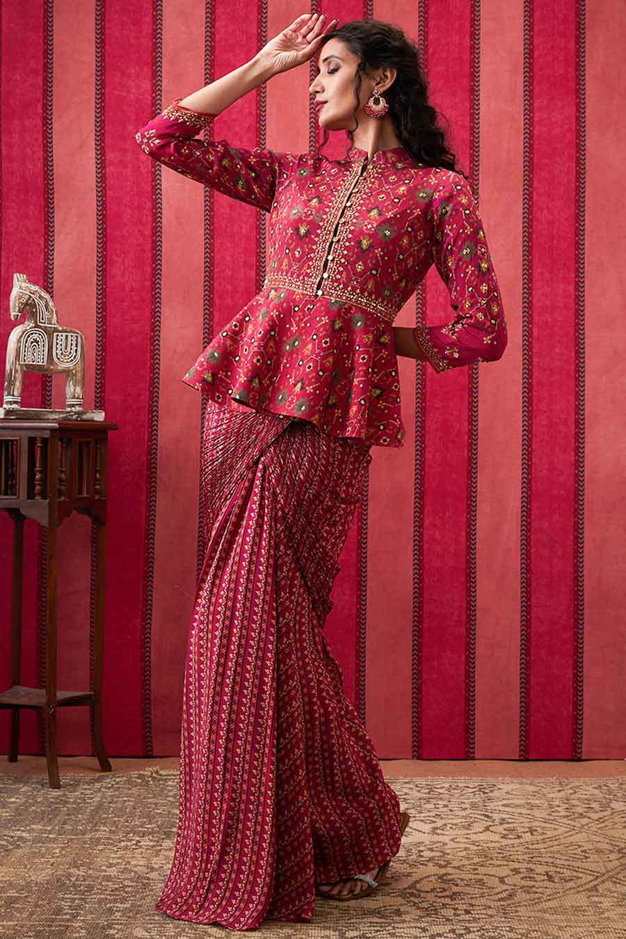 Pink Zahra Embroidered Peplum Top with Skirt Co-Ord Set