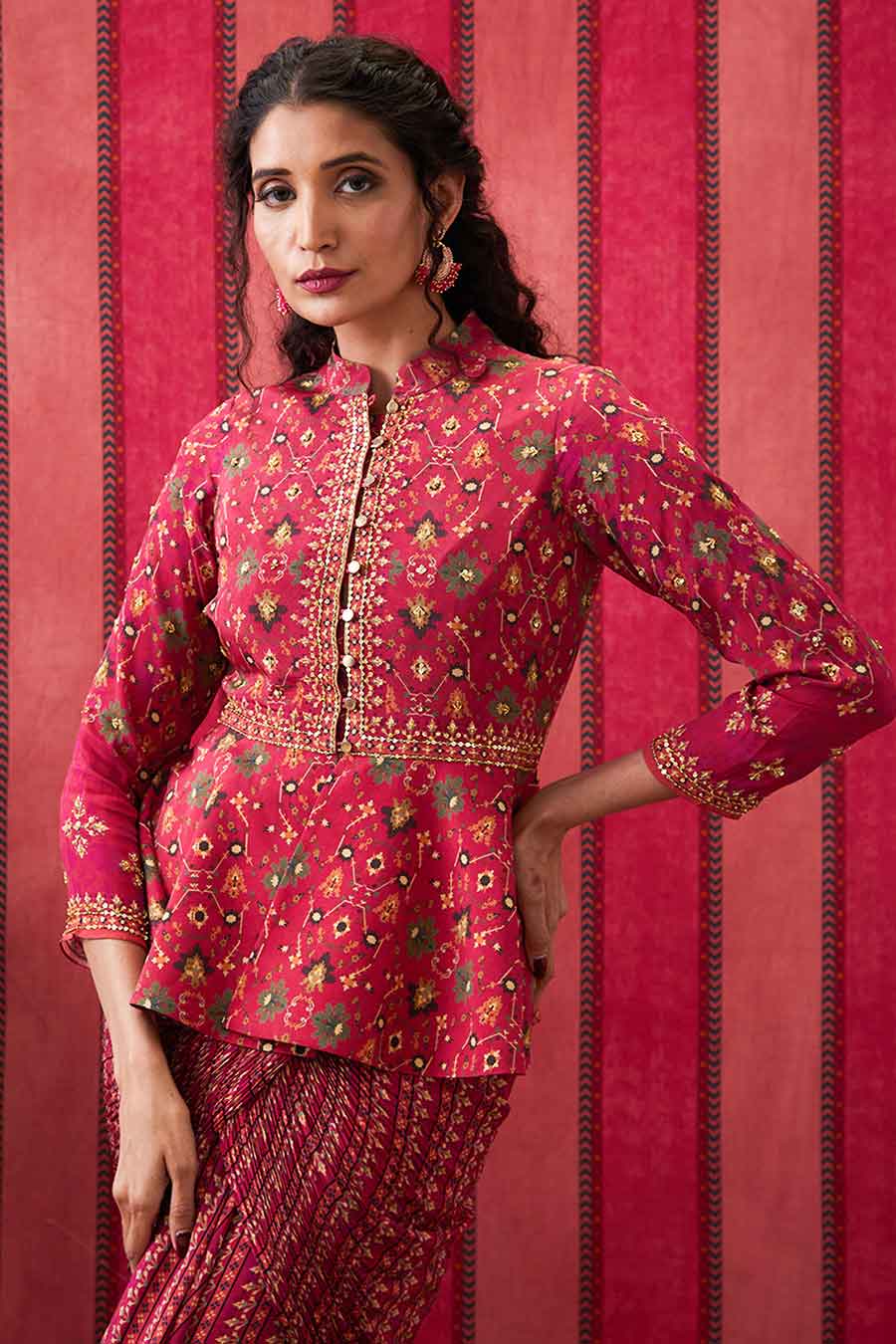 Pink Zahra Embroidered Peplum Top with Skirt Co-Ord Set