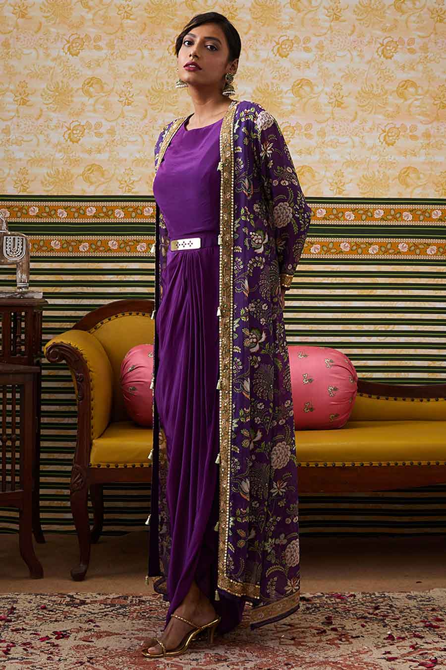 Purple Mehr Drape Dress with Printed Jacket Set