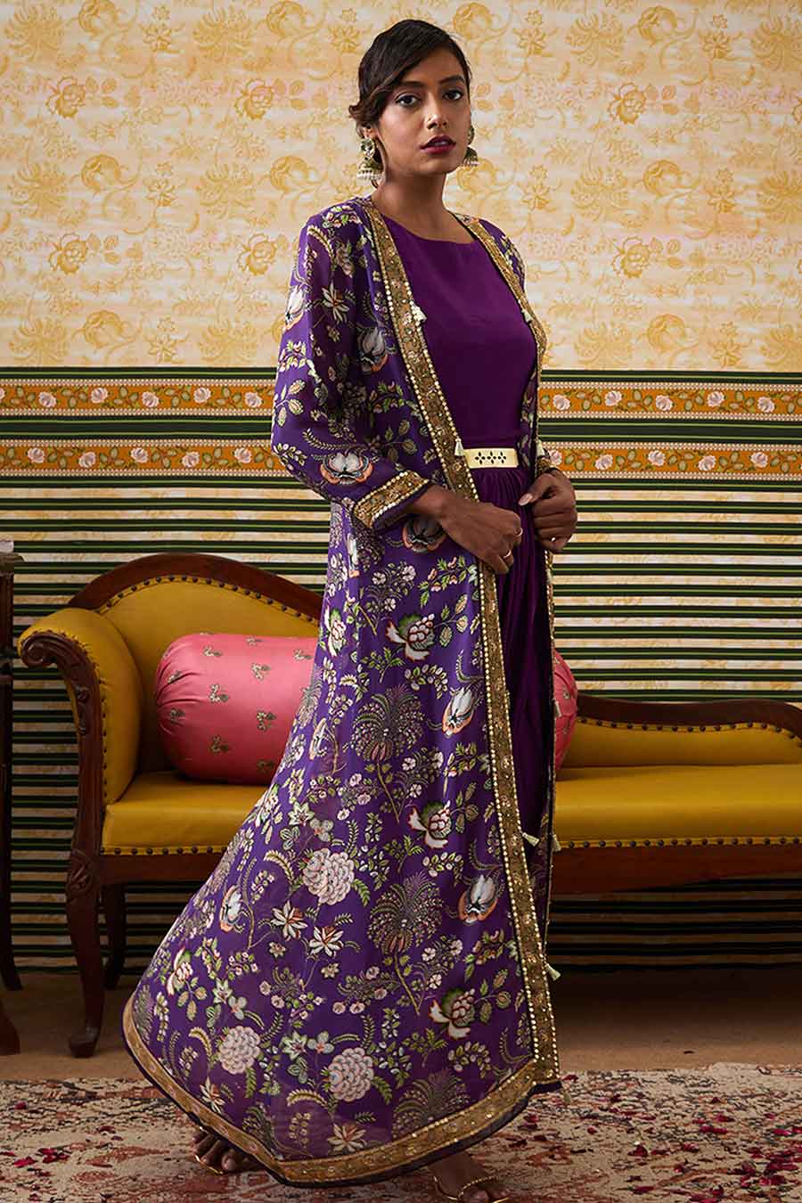 Purple Mehr Drape Dress with Printed Jacket Set