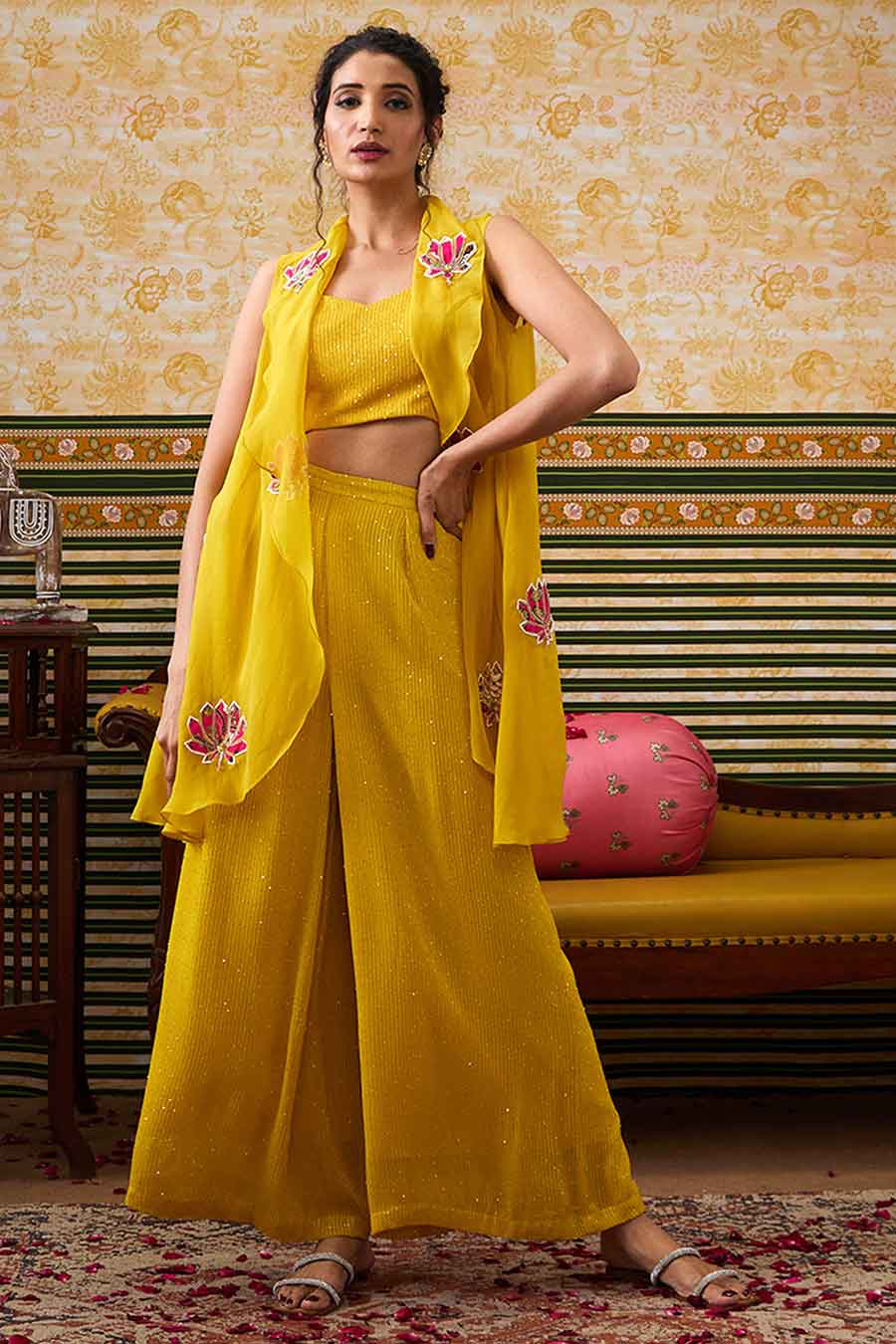Yellow Mehr Bustier & Pant with Applique Jacket Set