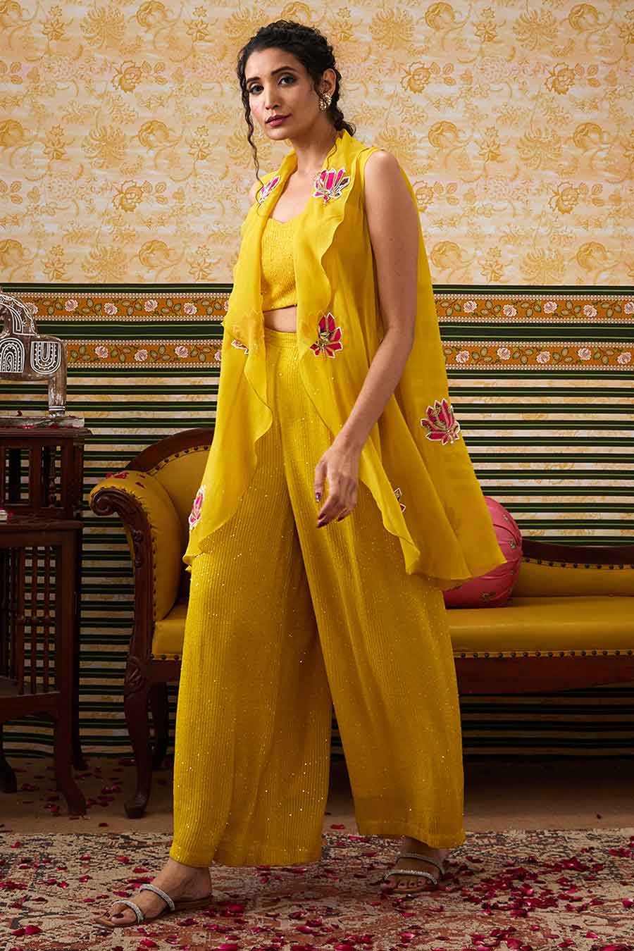Yellow Mehr Bustier & Pant with Applique Jacket Set