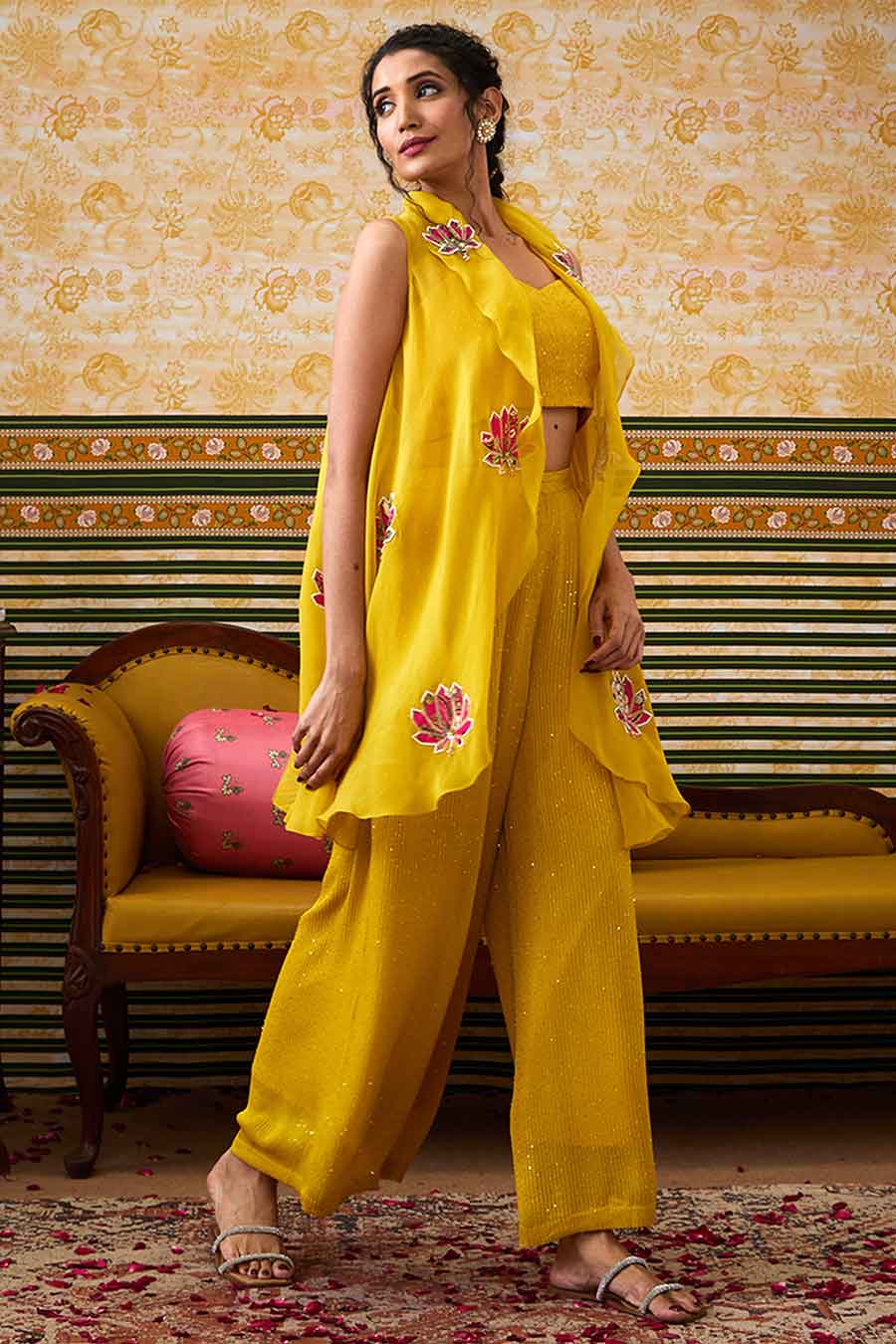 Yellow Mehr Bustier & Pant with Applique Jacket Set