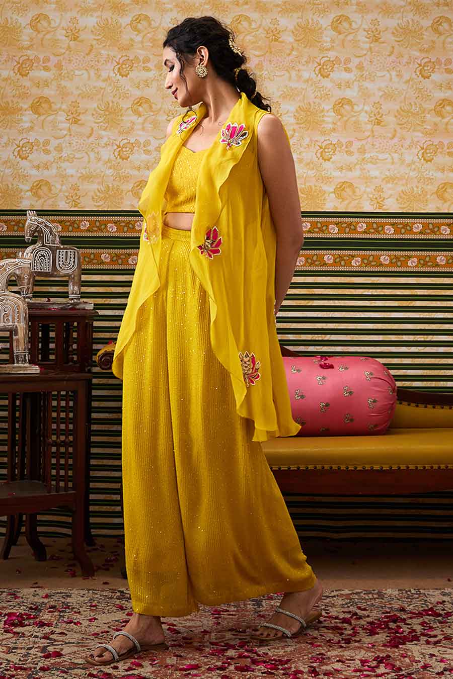 Yellow Mehr Bustier & Pant with Applique Jacket Set