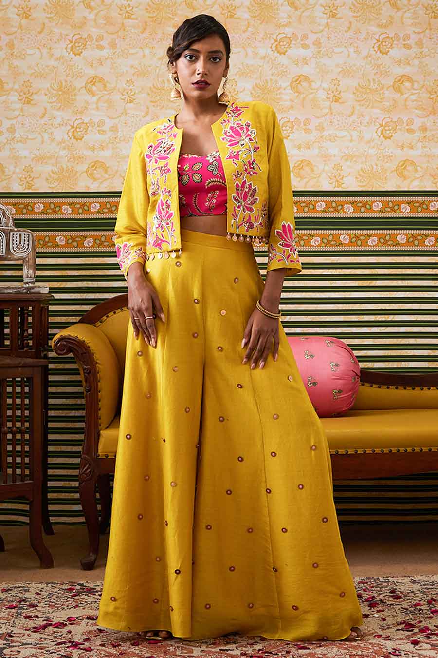 Yellow Mehr Embroidered Bustier & Pant with Jacket Set