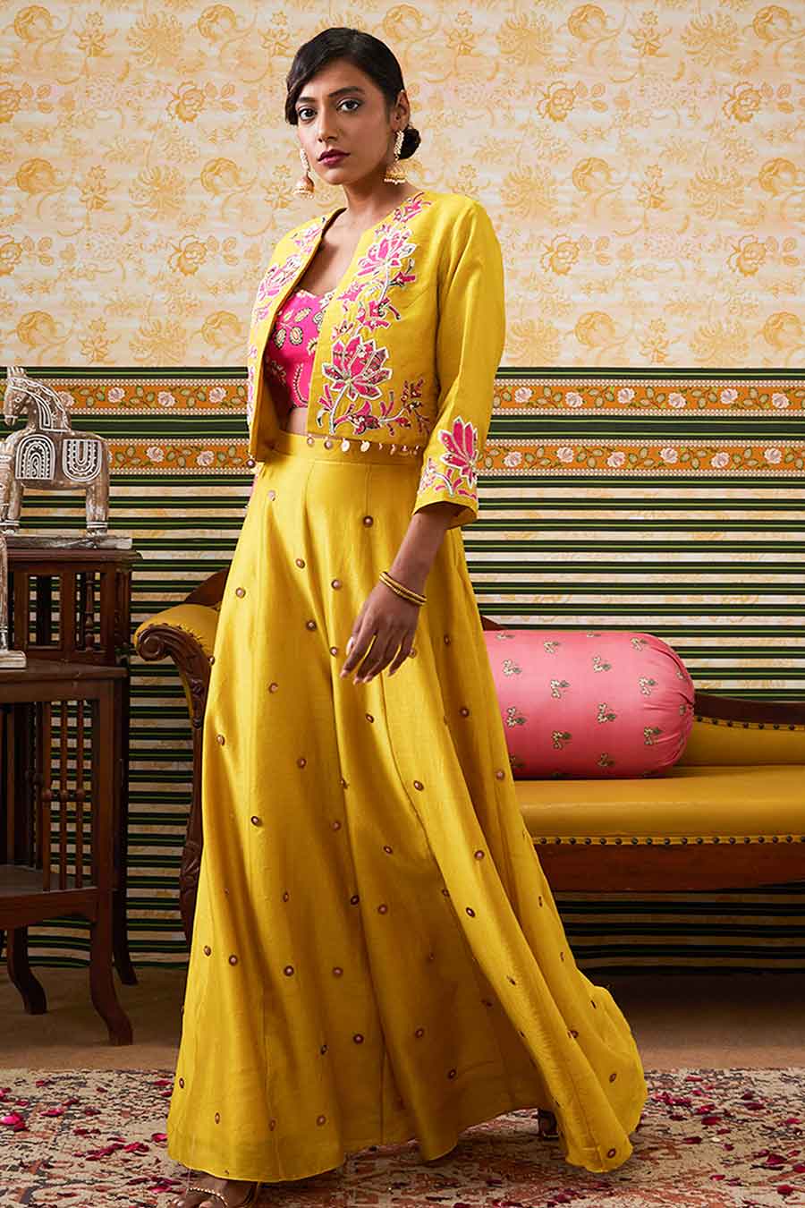 Yellow Mehr Embroidered Bustier & Pant with Jacket Set