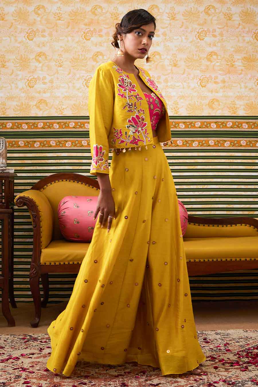 Yellow Mehr Embroidered Bustier & Pant with Jacket Set