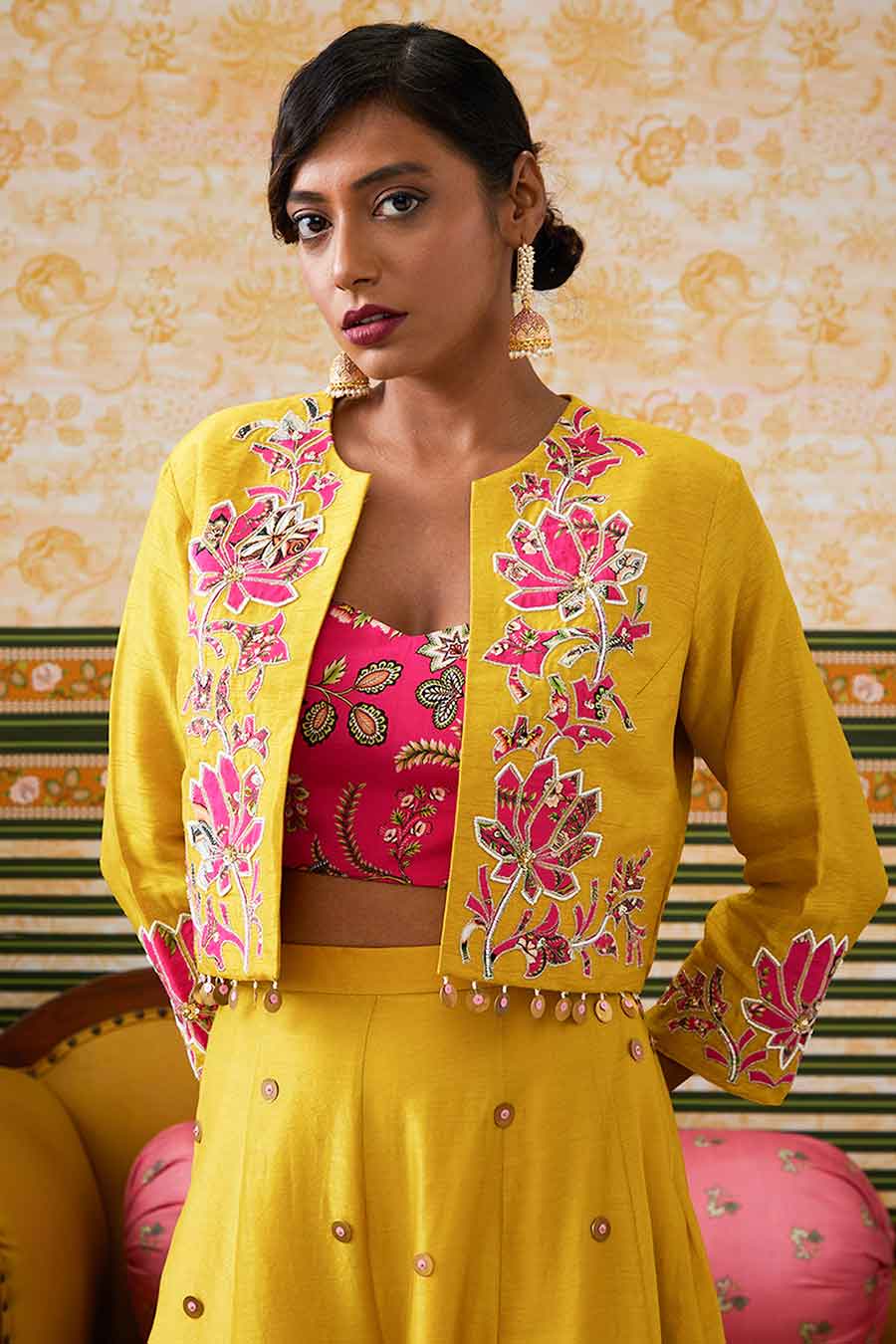 Yellow Mehr Embroidered Bustier & Pant with Jacket Set