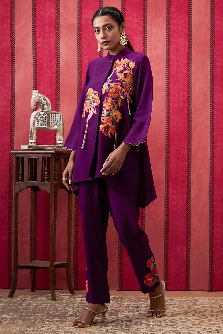 Wine Zinnia Applique Top & Pant Co-Ord Set