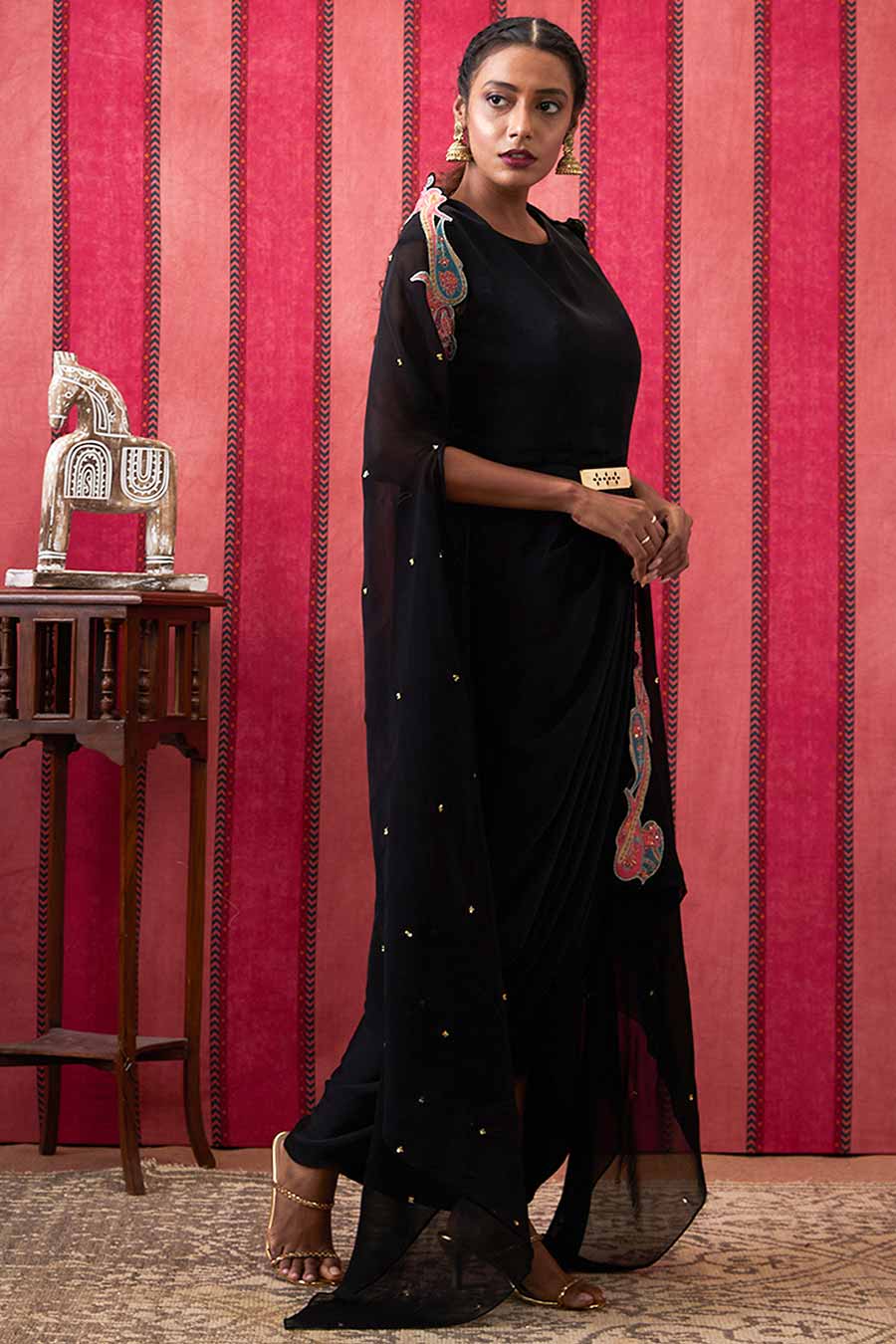Black Qala Drape Dress with Applique Cape Set