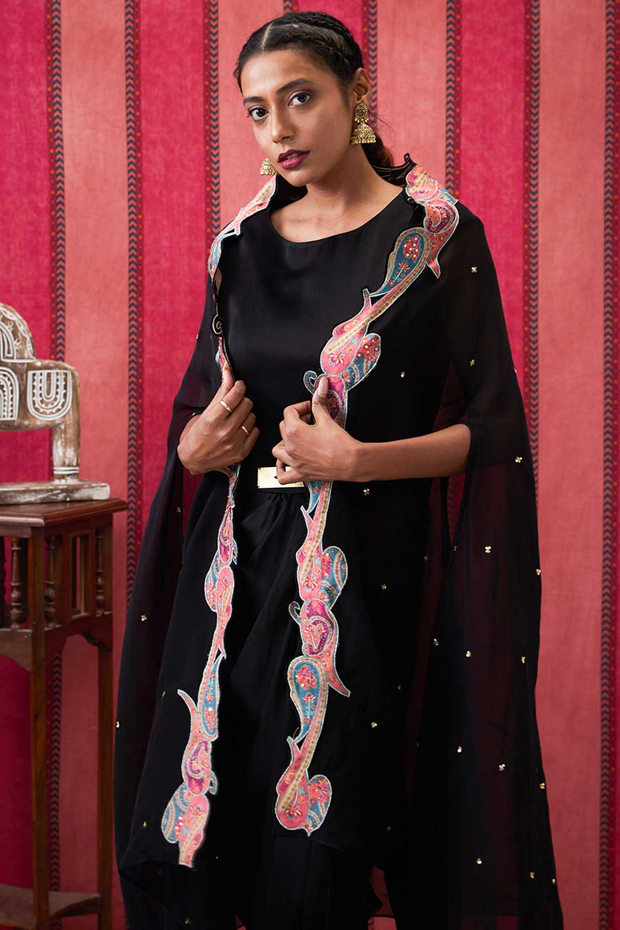 Black Qala Drape Dress with Applique Cape Set