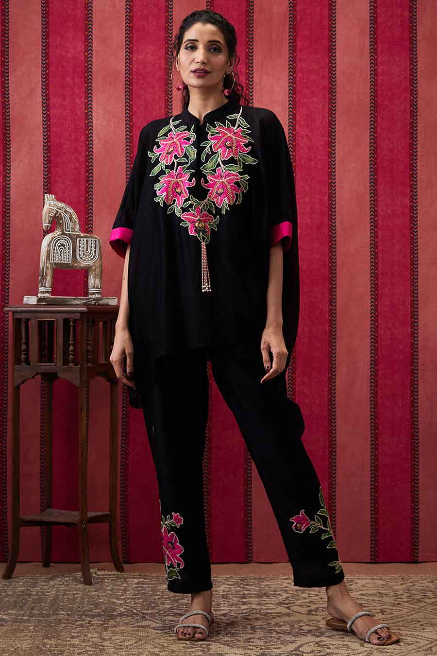 Black Mehr Applique Kimono Top & Pant Co-Ord Set