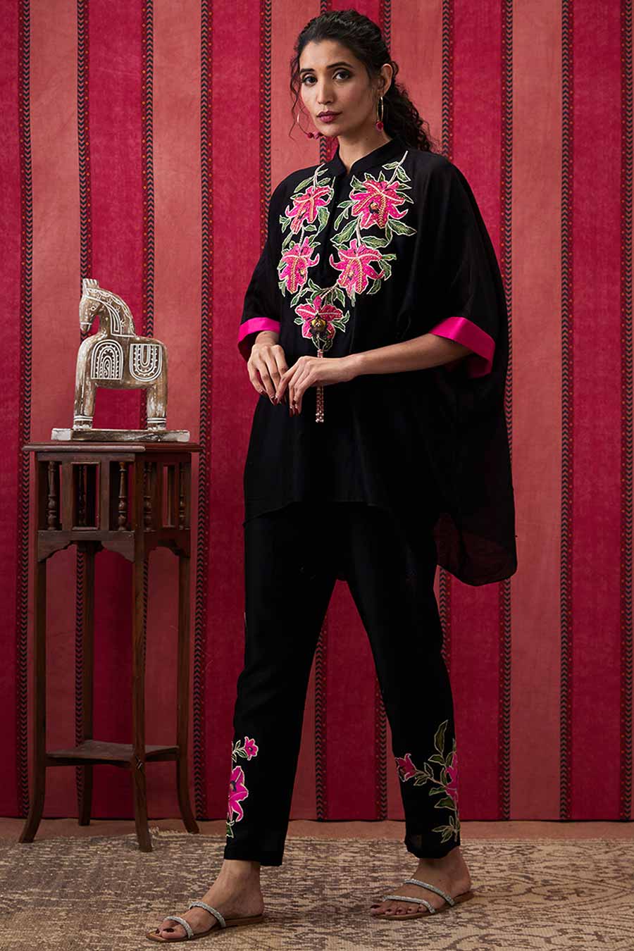 Black Mehr Applique Kimono Top & Pant Co-Ord Set