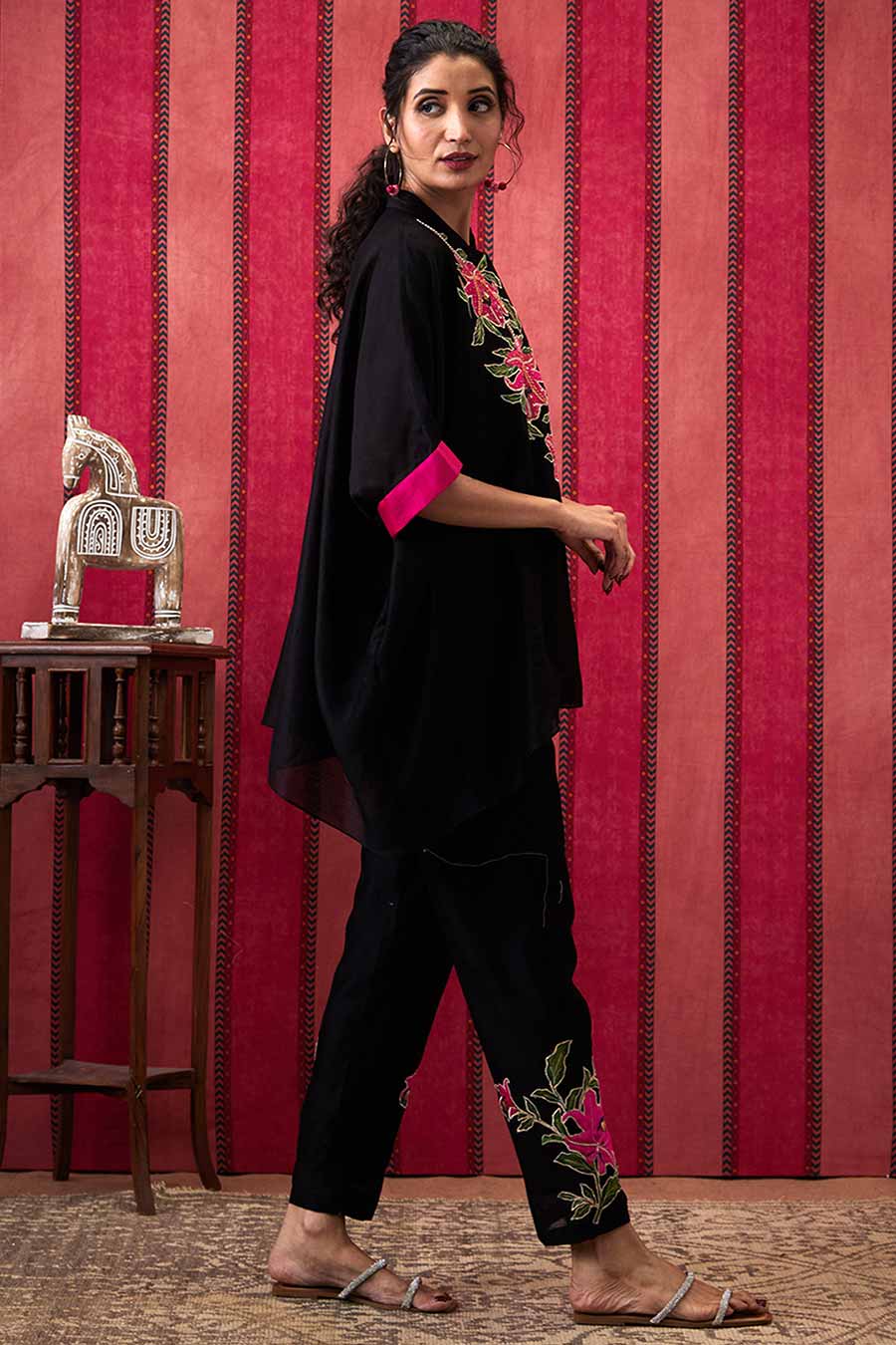 Black Mehr Applique Kimono Top & Pant Co-Ord Set