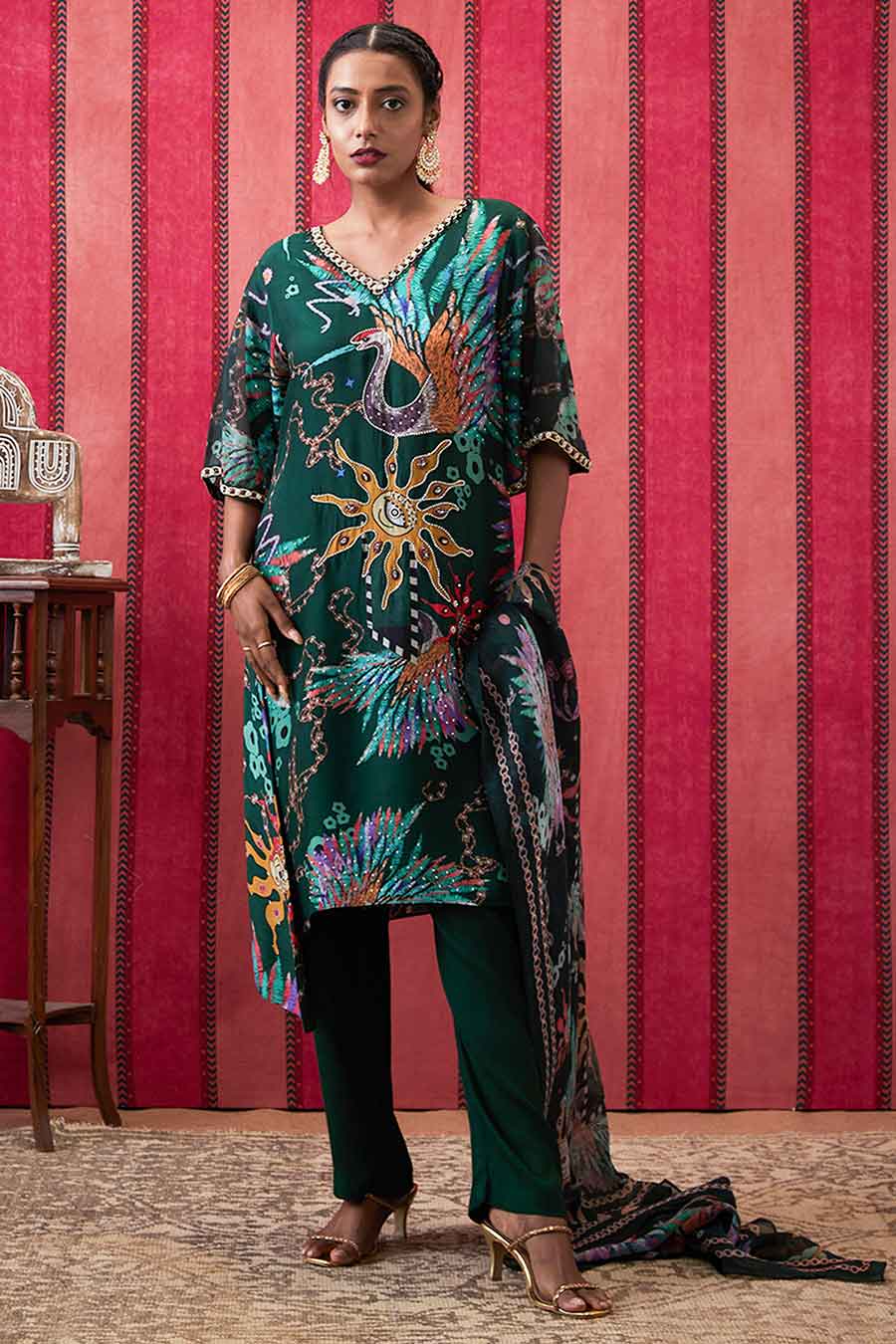 Bottle Green Aisha Embroidered Kurta Set