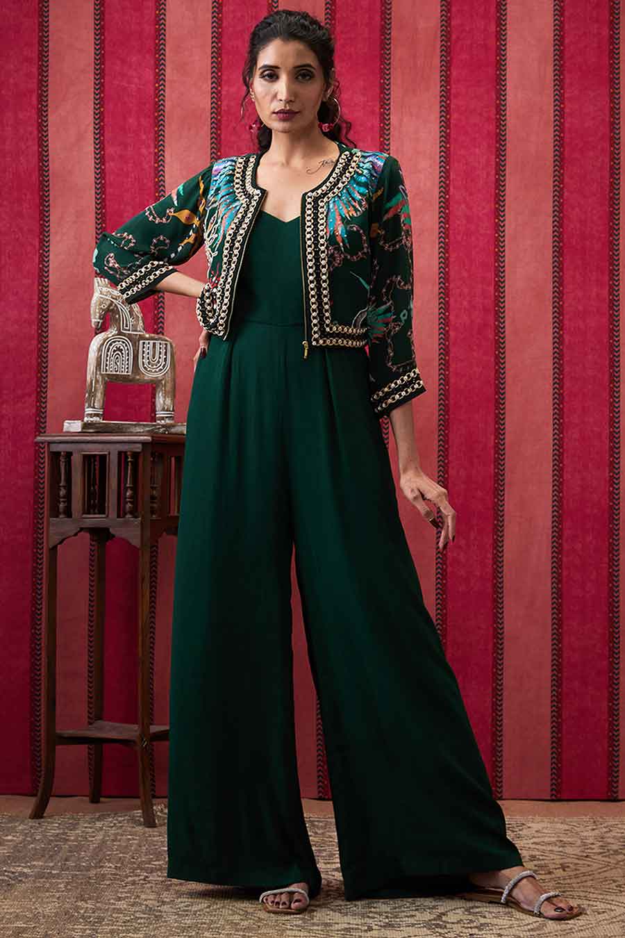 Bottle Green Aisha Jumpsuit with Embroidered Jacket