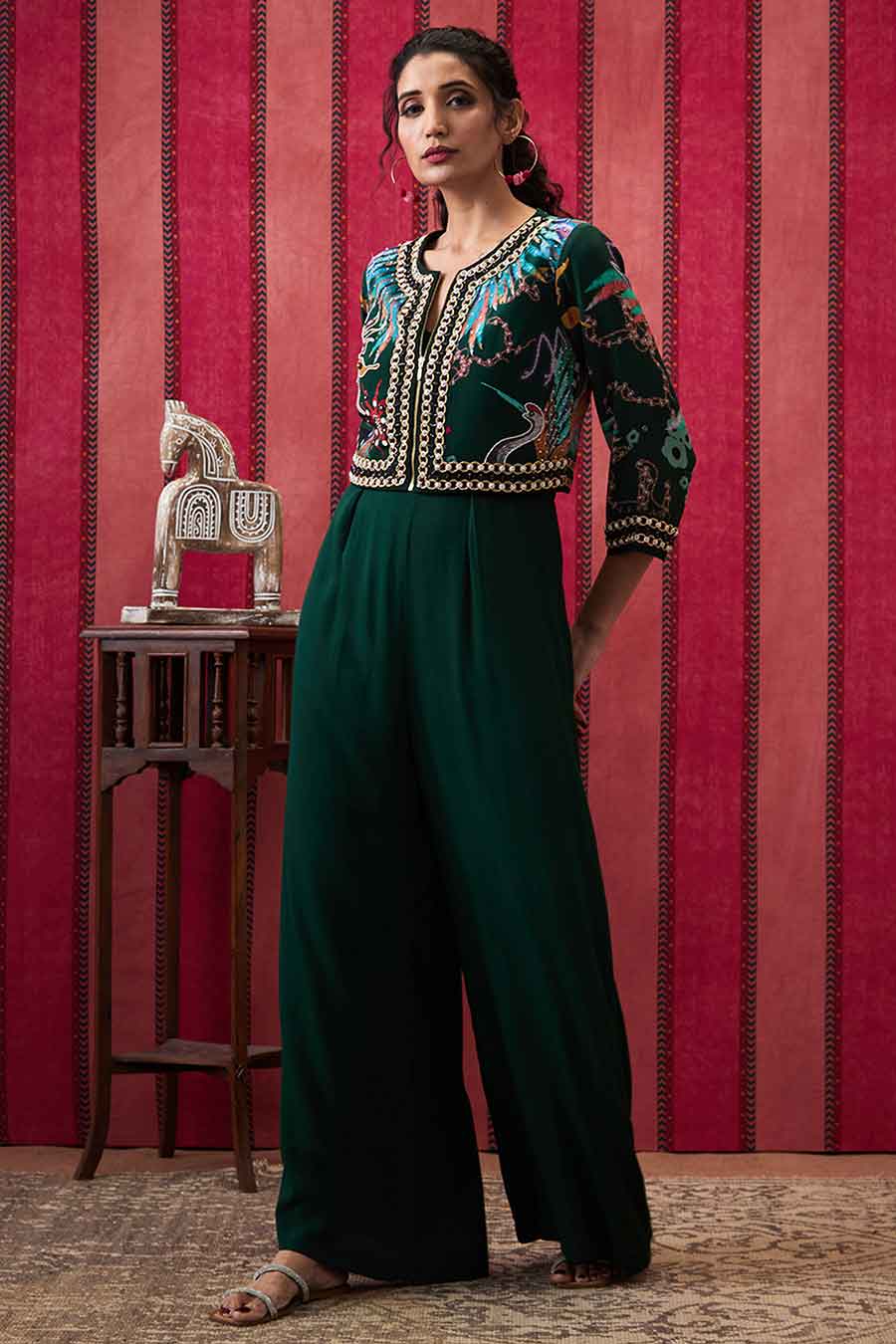 Bottle Green Aisha Jumpsuit with Embroidered Jacket