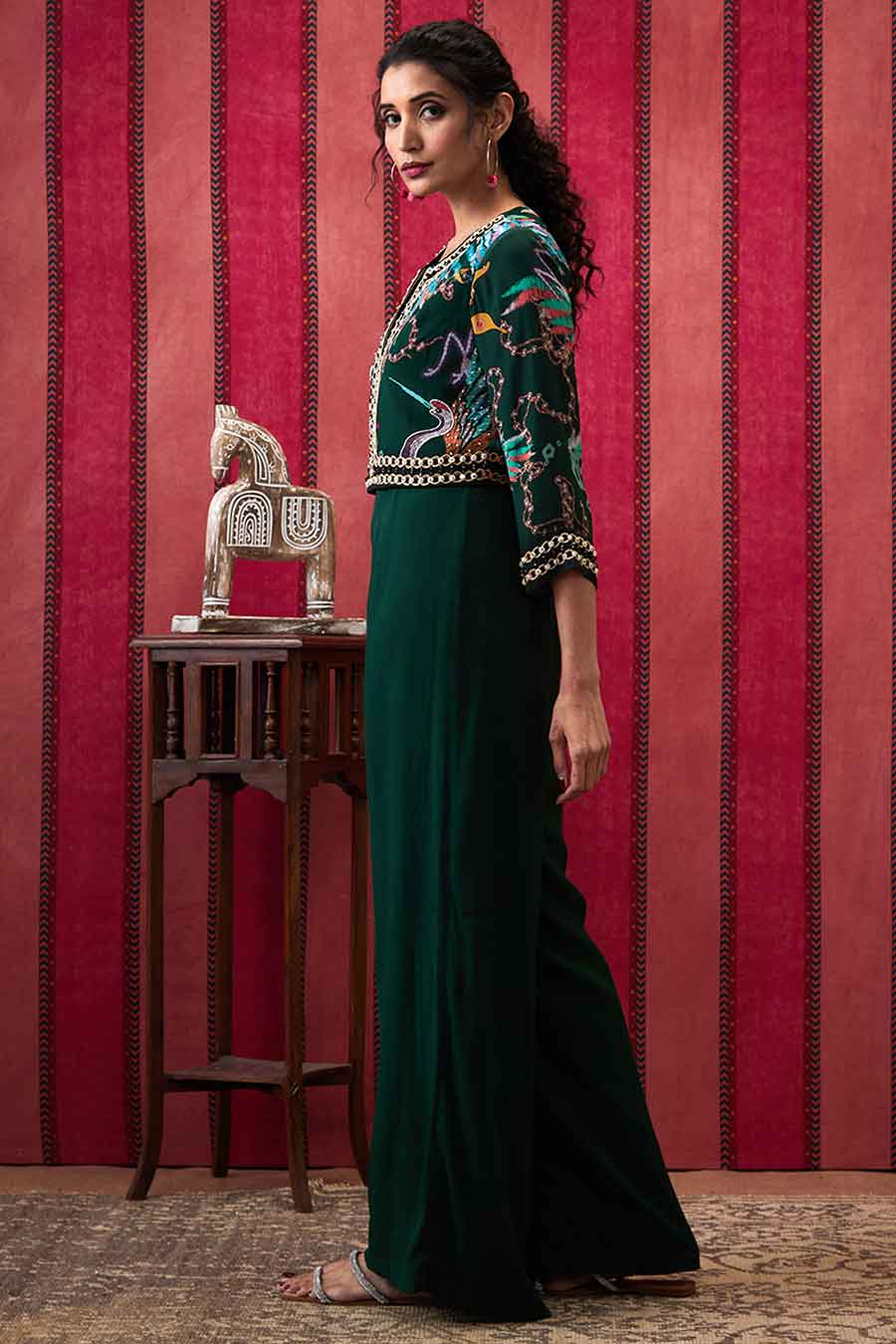 Bottle Green Aisha Jumpsuit with Embroidered Jacket