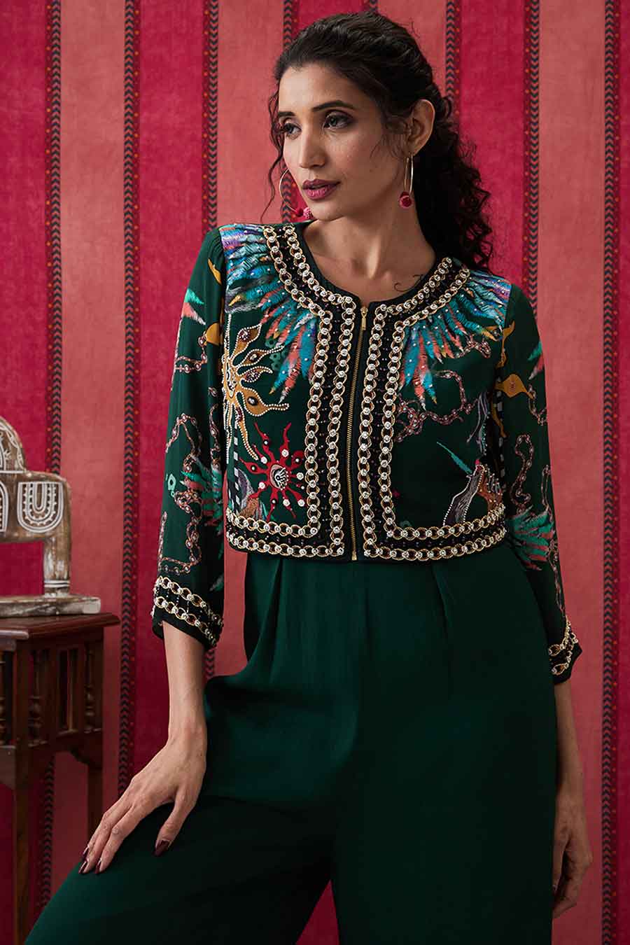 Bottle Green Aisha Jumpsuit with Embroidered Jacket