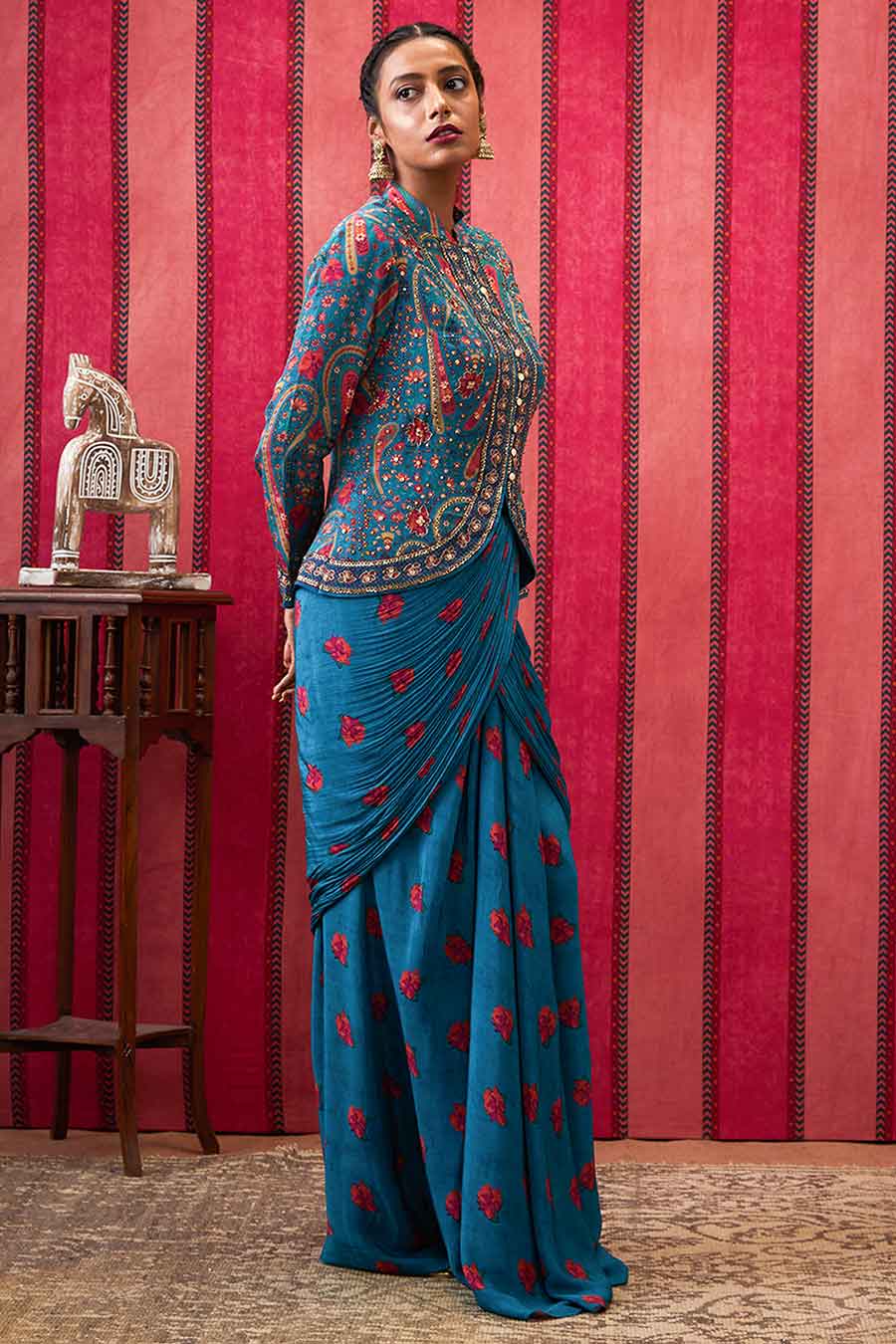 Teal Green Qala Skirt with Embroidered Jacket