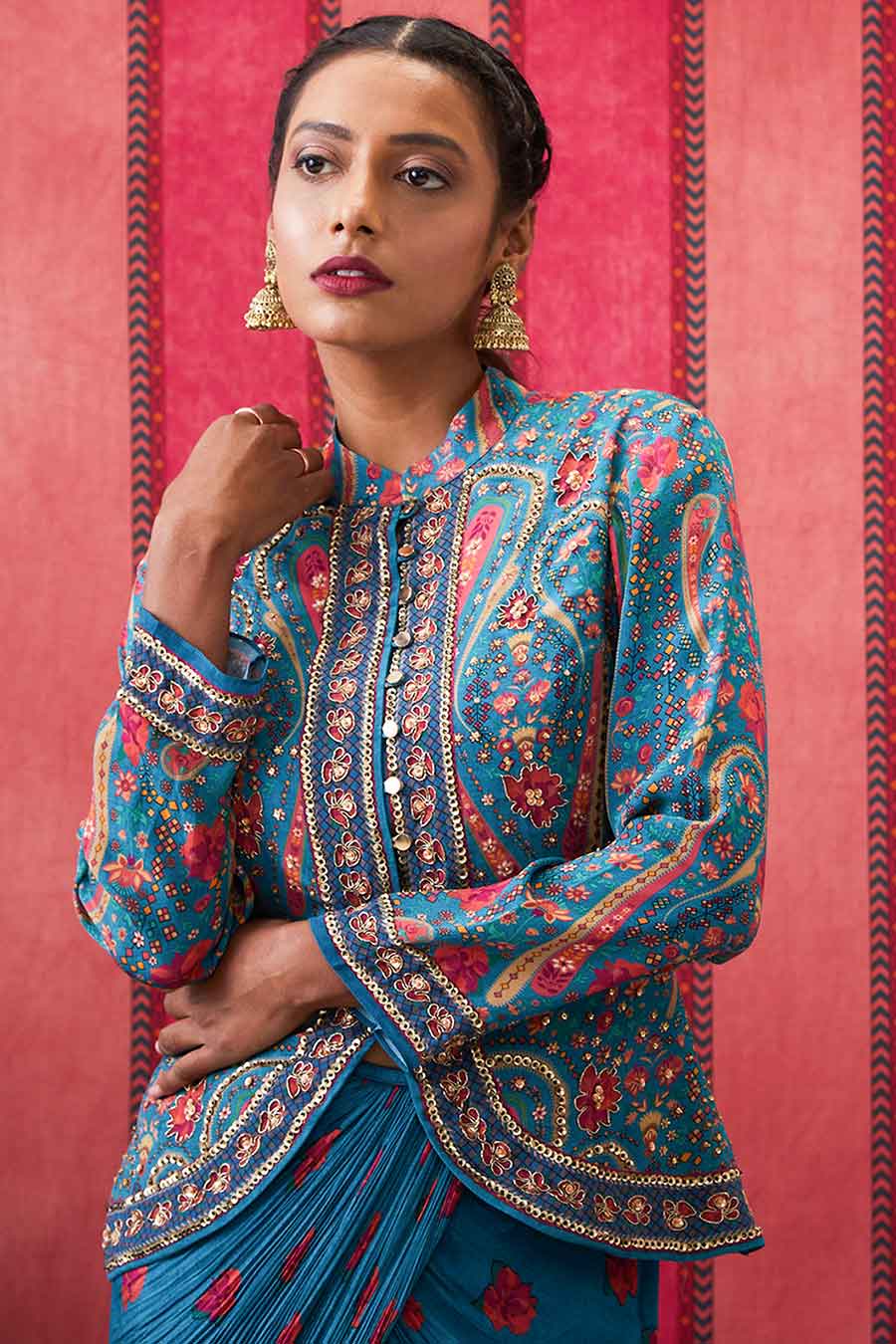 Teal Green Qala Skirt with Embroidered Jacket