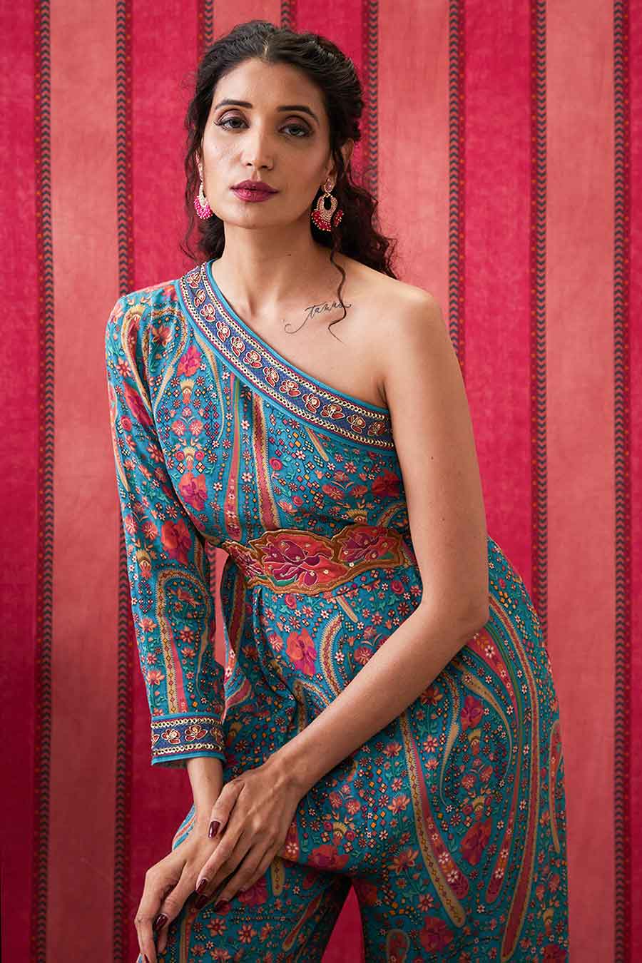 Teal Blue Qala Printed One-Shoulder Jumpsuit