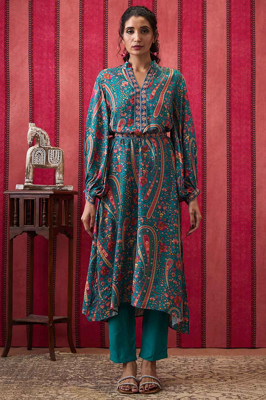 Teal Green Qala Embroidered Kurta Set