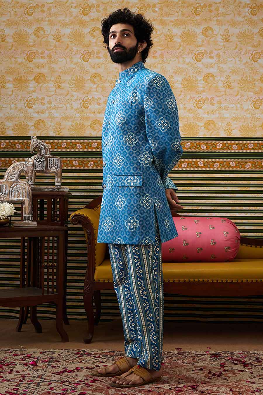 Teal Bandhej Printed Bandhgala Set