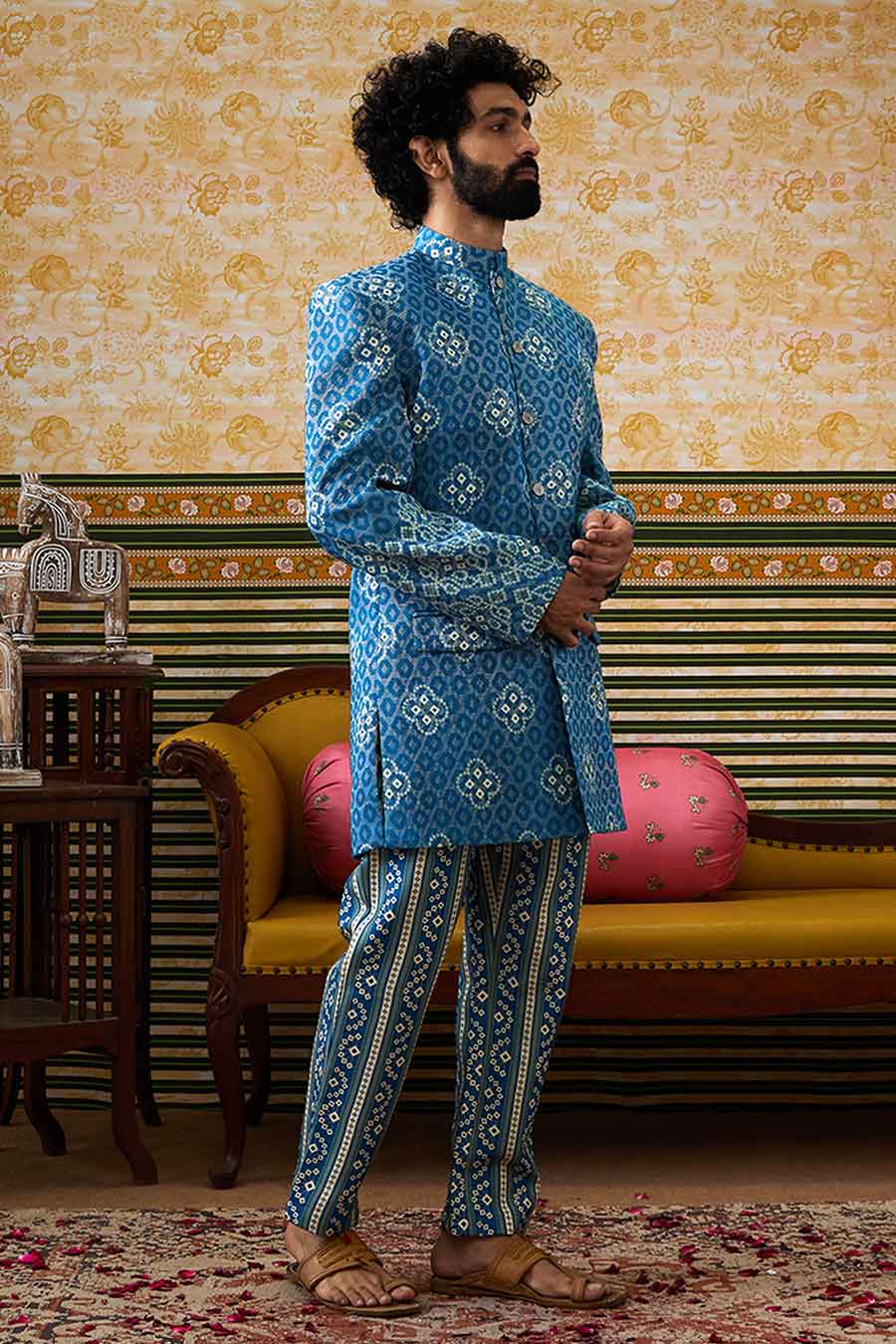 Teal Bandhej Printed Bandhgala Set