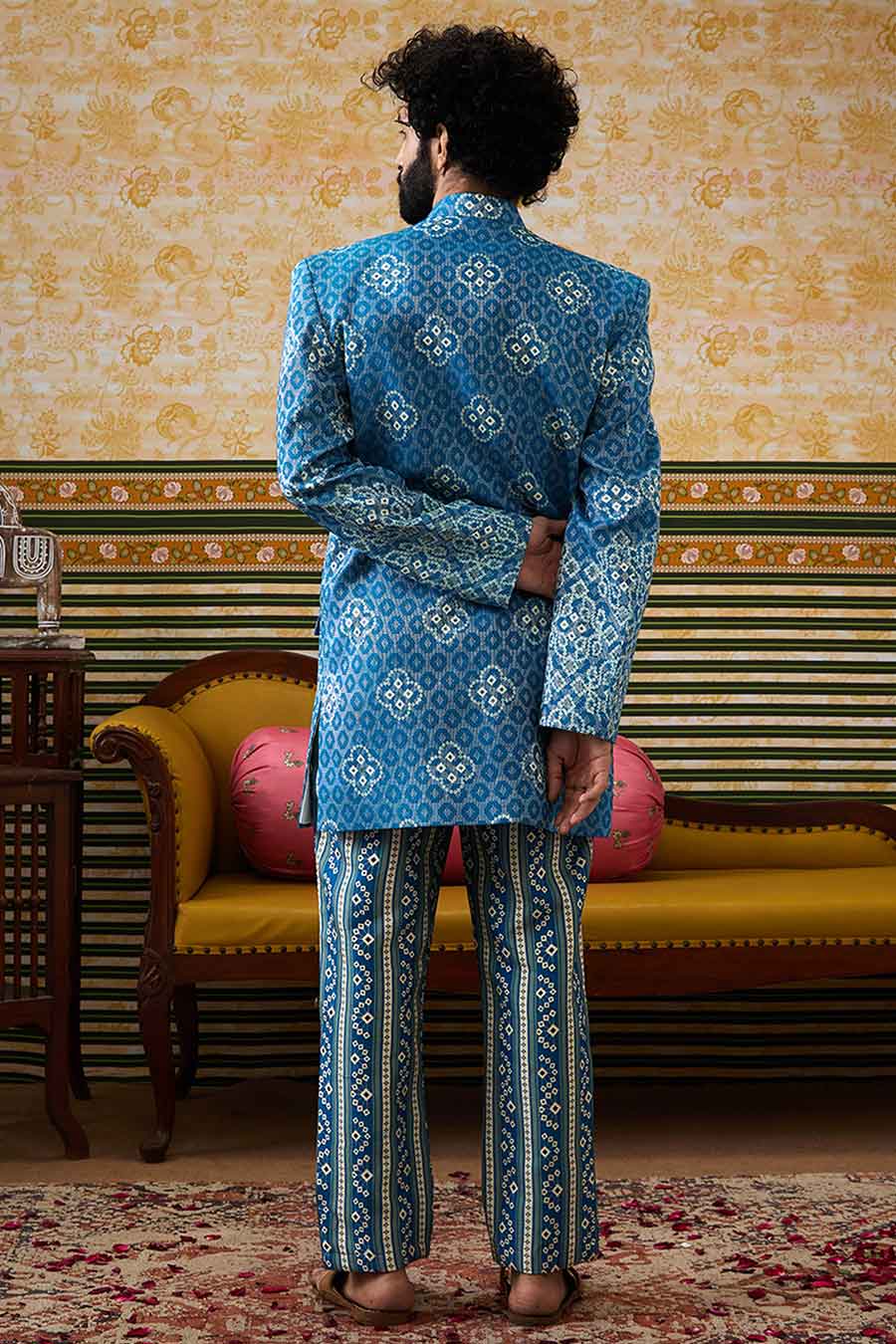 Teal Bandhej Printed Bandhgala Set