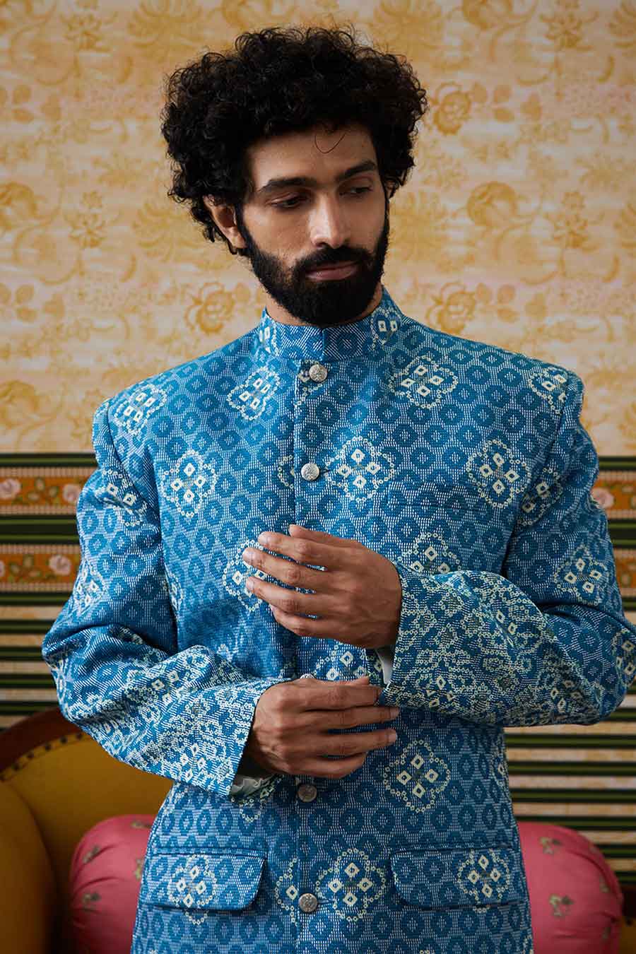 Teal Bandhej Printed Bandhgala Set