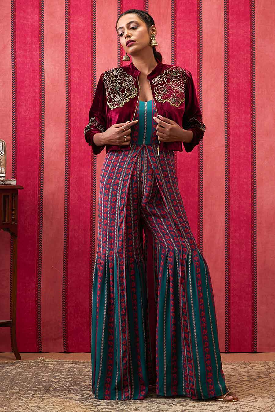Maroon & Teal Green Qala Jumpsuit with Embroidered Jacket