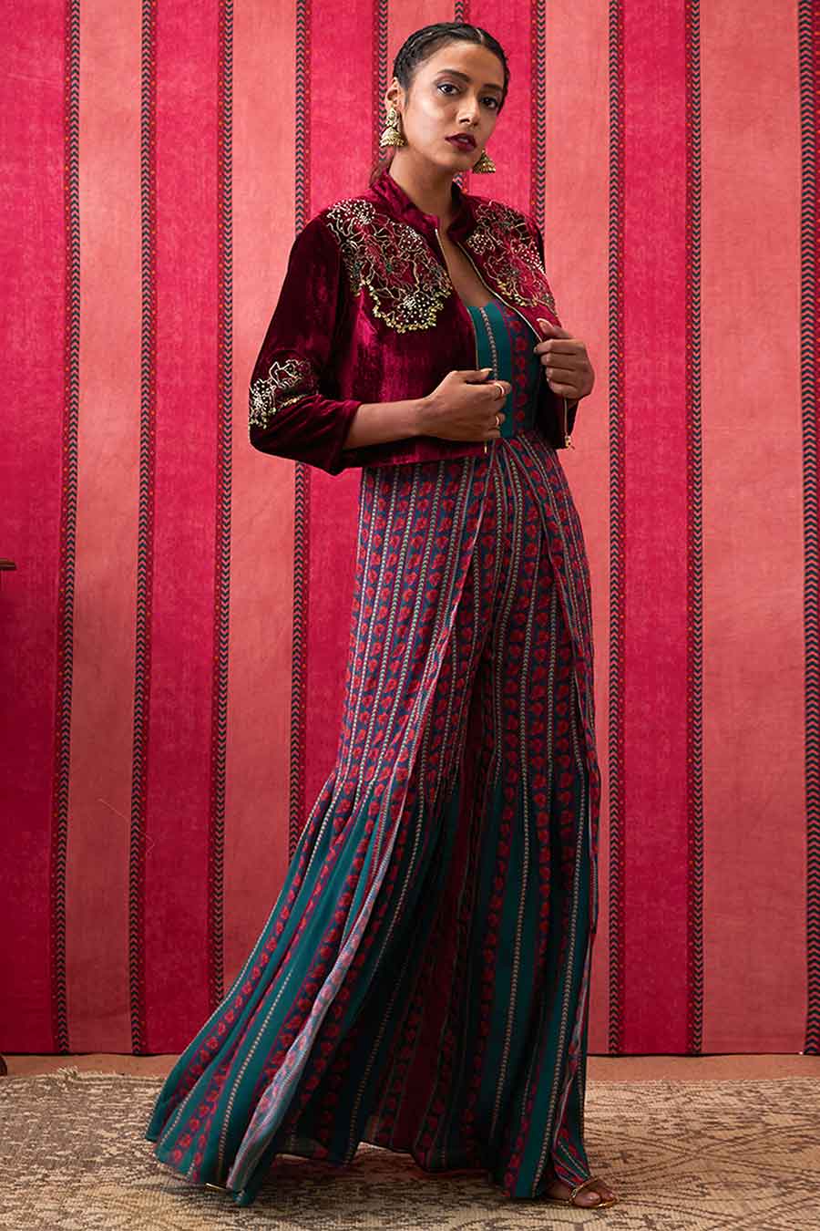 Maroon & Teal Green Qala Jumpsuit with Embroidered Jacket