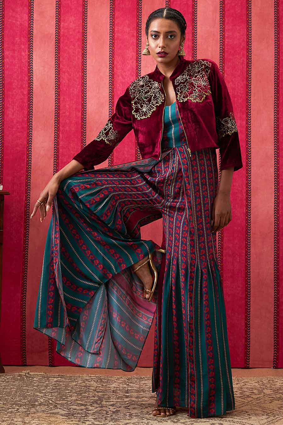 Maroon & Teal Green Qala Jumpsuit with Embroidered Jacket