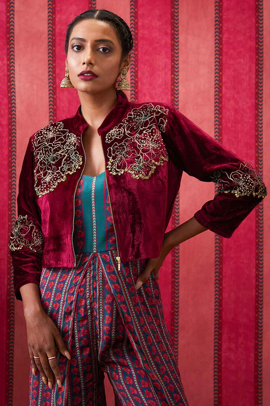 Maroon & Teal Green Qala Jumpsuit with Embroidered Jacket