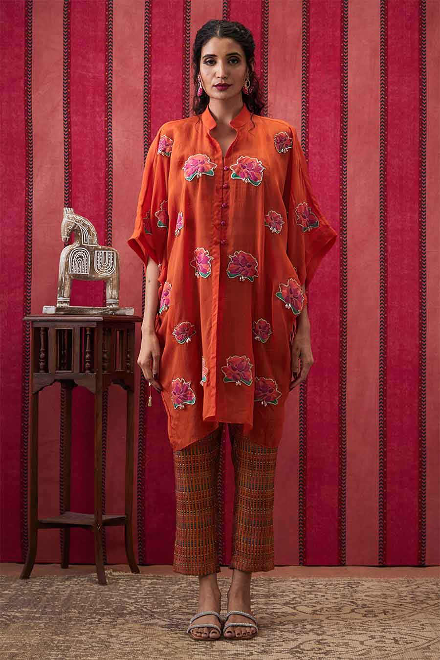 Rust Adah Embellished Co-Ord Set with Kimono Shirt