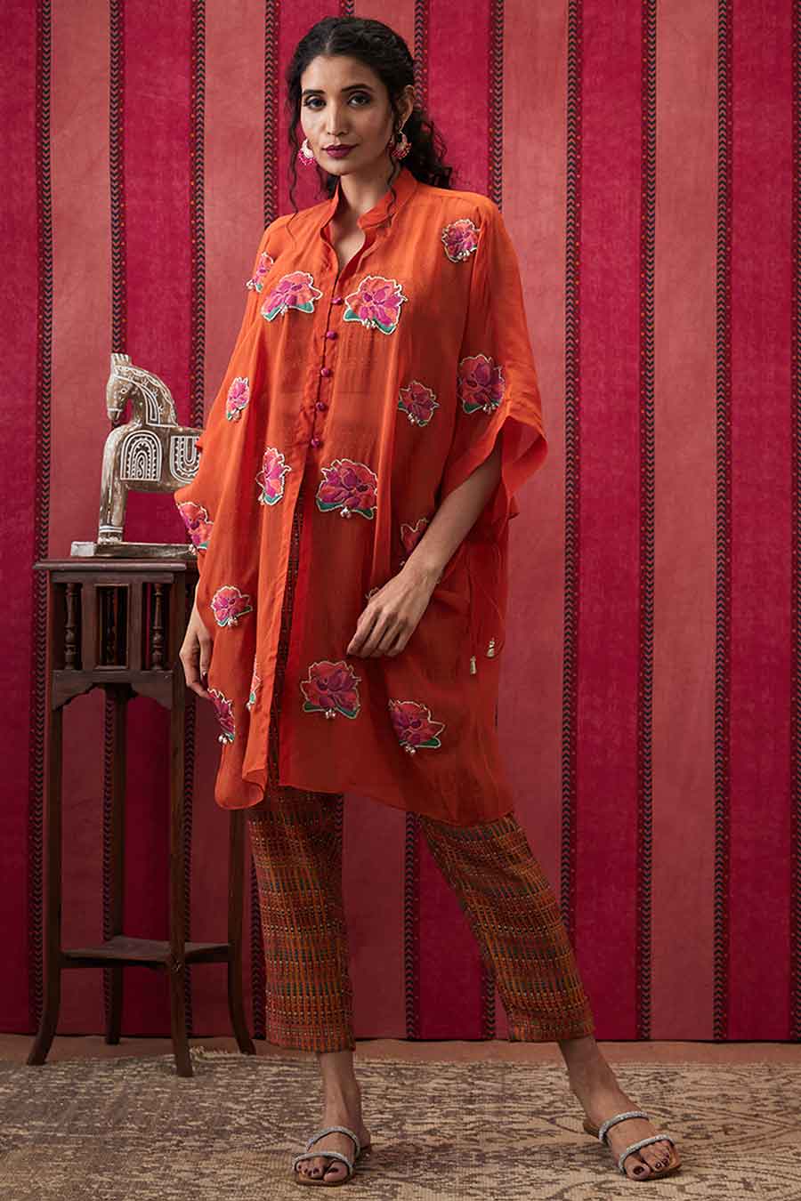 Rust Adah Embellished Co-Ord Set with Kimono Shirt