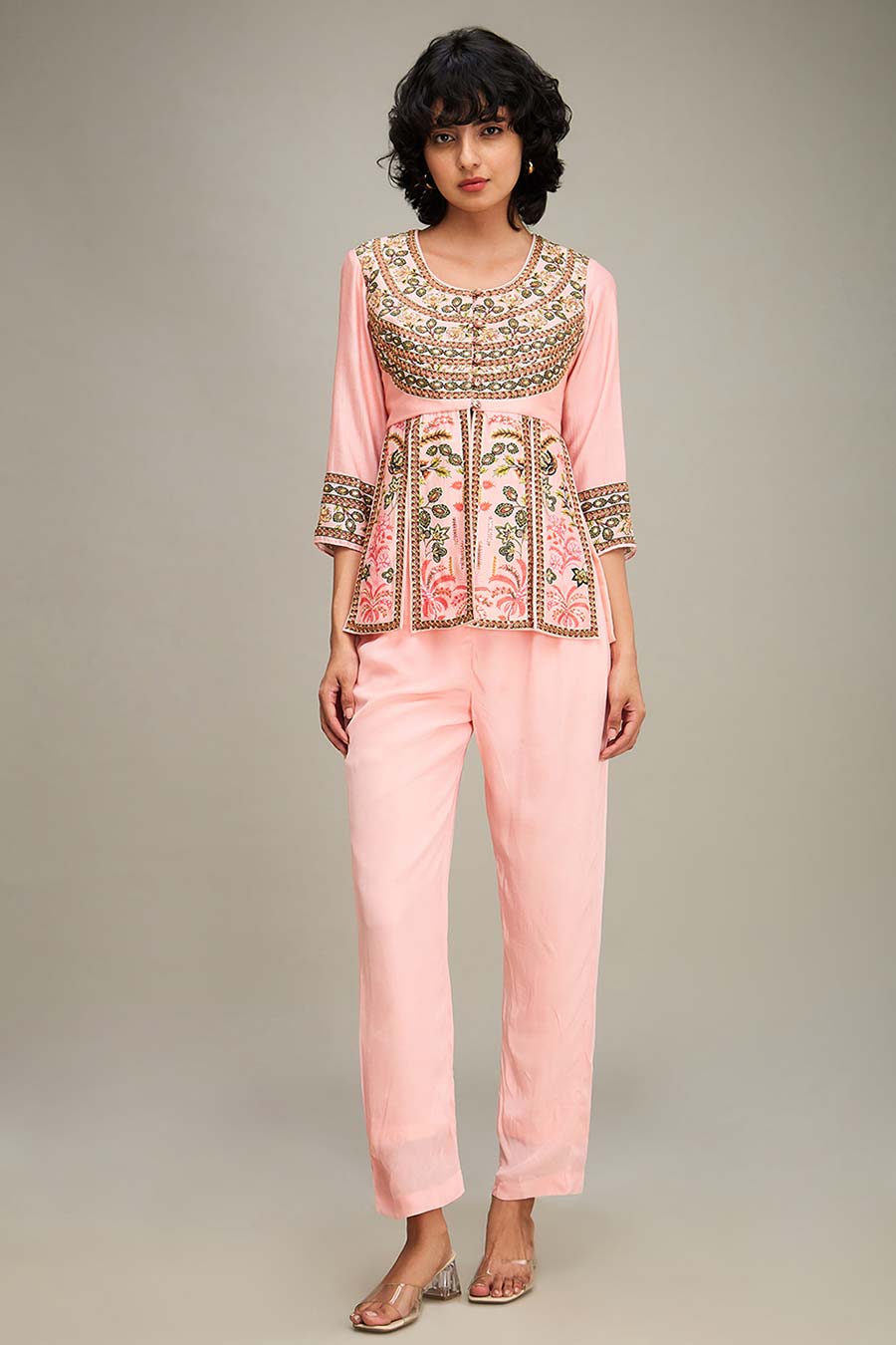 Pink Mehr Printed Peplum Top & Pant Co-Ord Set