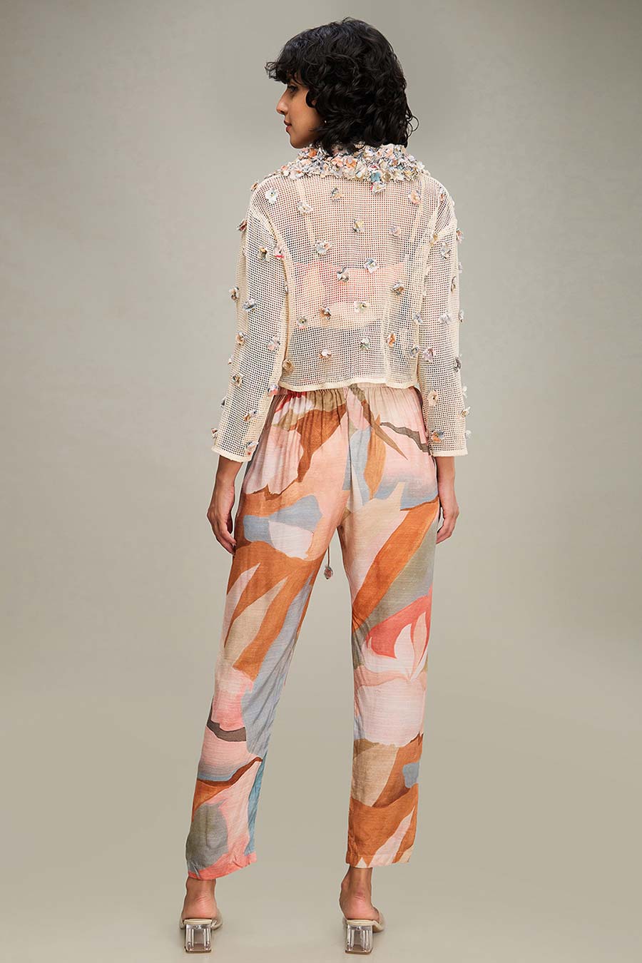 Off-White Printed Co-Ord Set With Embellished Jacket