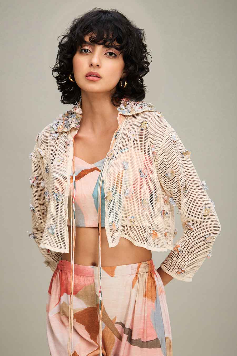 Off-White Printed Co-Ord Set With Embellished Jacket