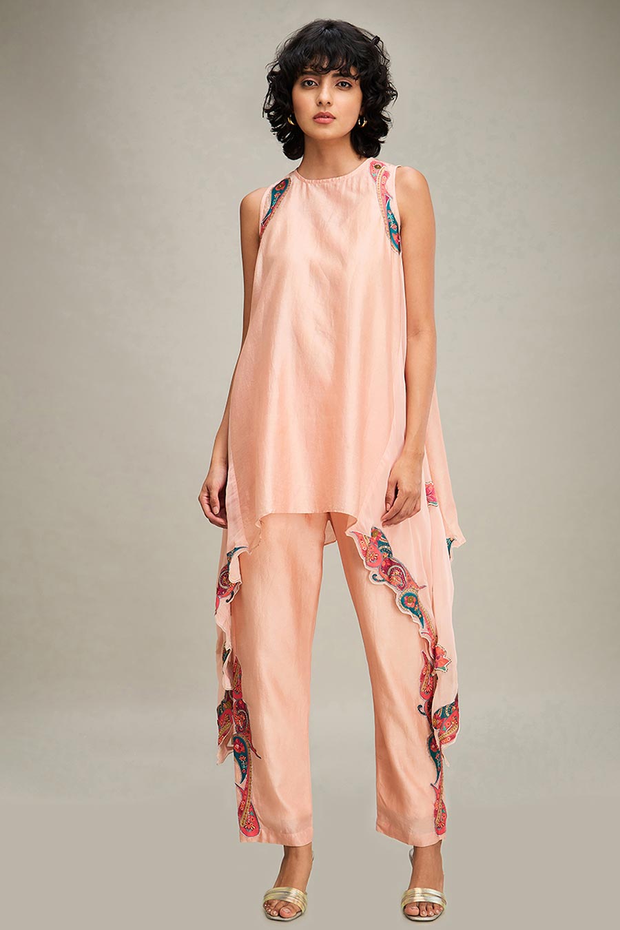 Peach Qala Applique Asymmetric Tunic & Pant Set