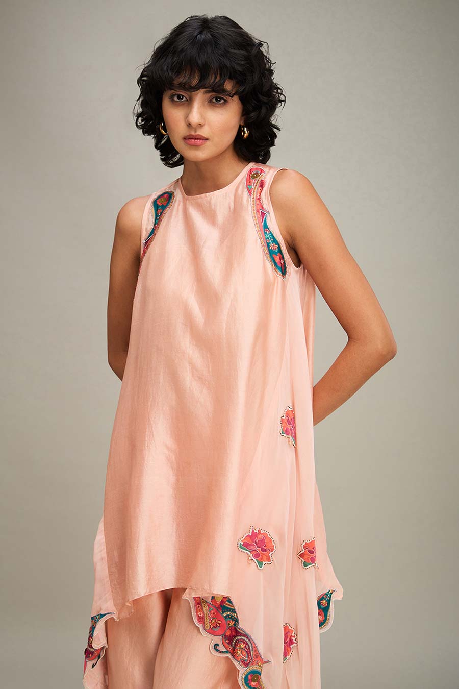 Peach Qala Applique Asymmetric Tunic & Pant Set