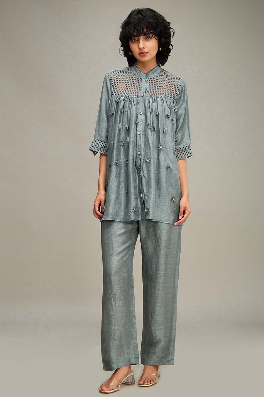 Grey Floral Applique Top & Pant Co-Ord Set