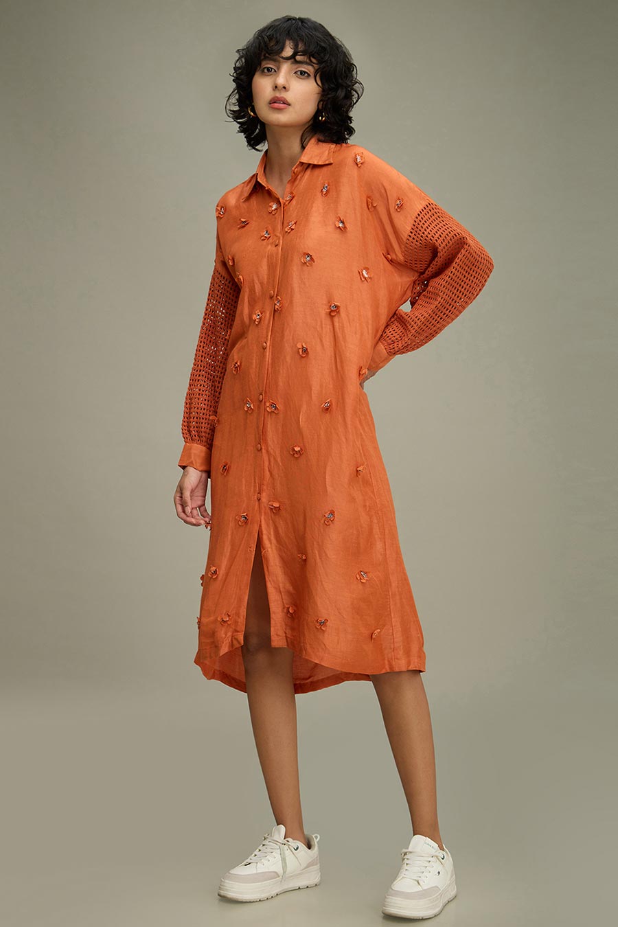 Rust Floral Applique Drop-Shoulder Dress