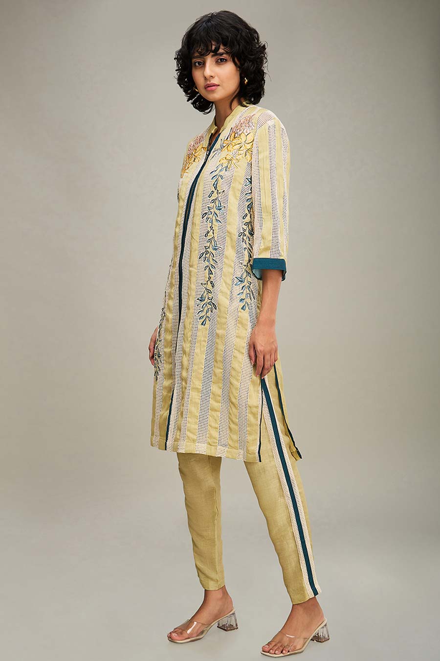 Off-White & Yellow Zinnia Applique Tunic & Pant Set