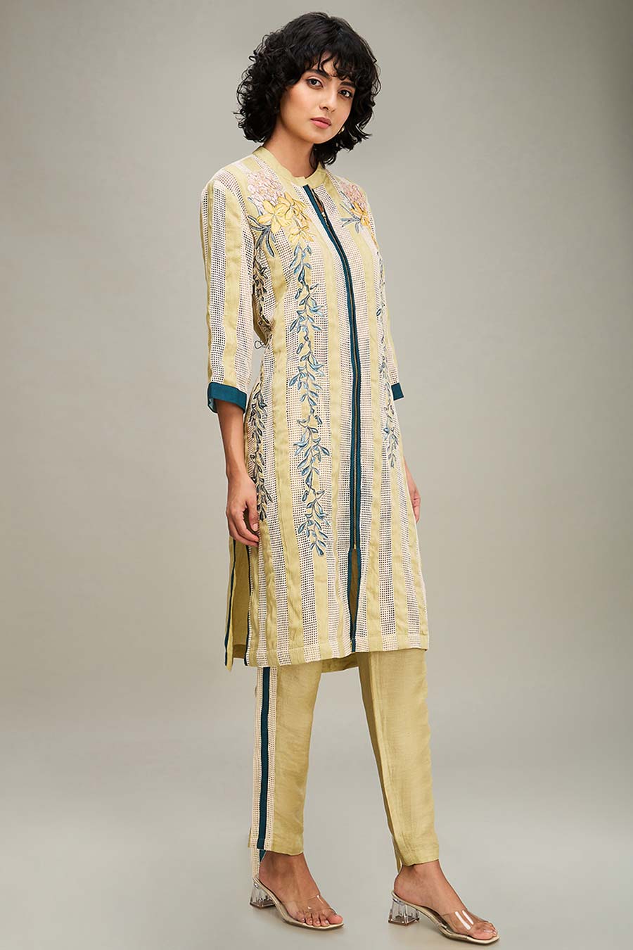 Off-White & Yellow Zinnia Applique Tunic & Pant Set